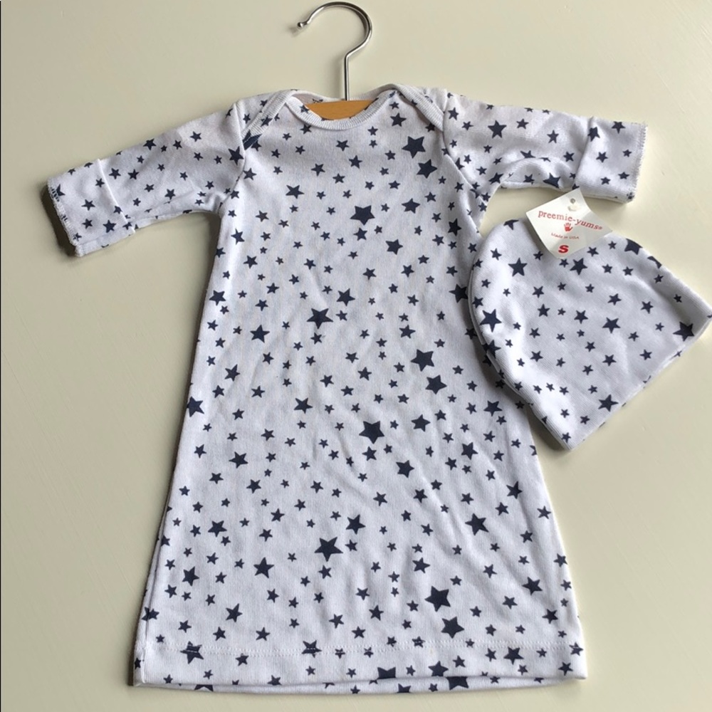 Preemie-yums | White Navy Star Gown & Hat | NB
